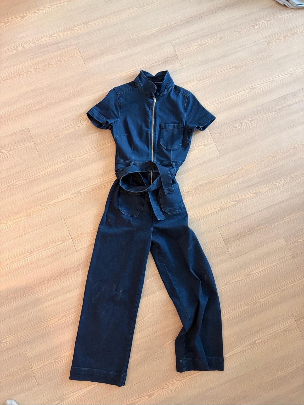 Maeve Denim Short-Sleeve Jumpsuit with Belt - Navy
